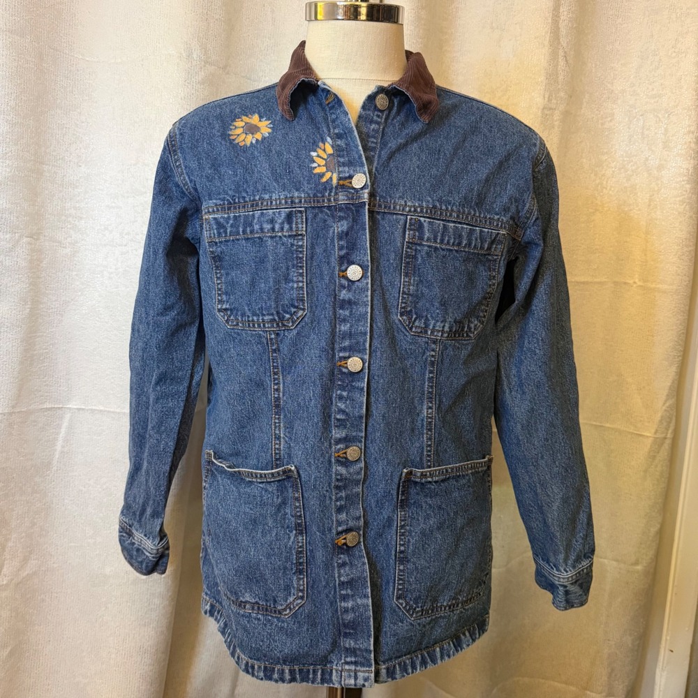 Bill Blass Jeans Denim Chore Jacket Hand Painted Sunflower Corduroy Collar Large
